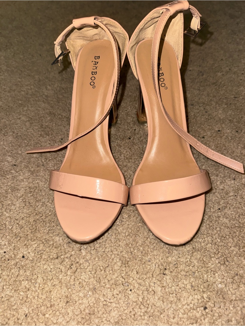 Bamboo Women's Tan Ankle Strap Block Heel Sandals